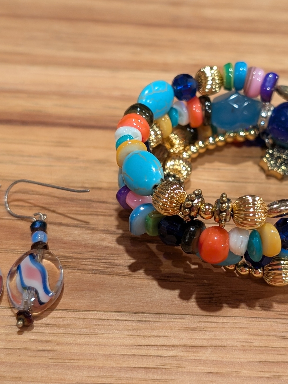 Multicolor Beaded Memory Wire Wrap Bracelet With matched Earrings